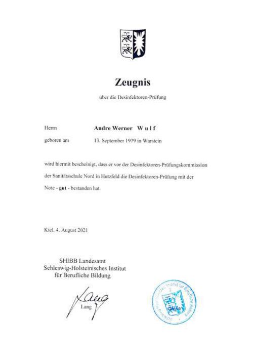 Zeugnis Desinfektor Andre Wulf