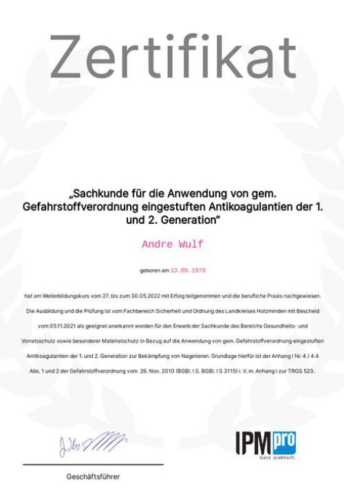 Schädlingsbekämpfung Zertifikat Giftstoffe