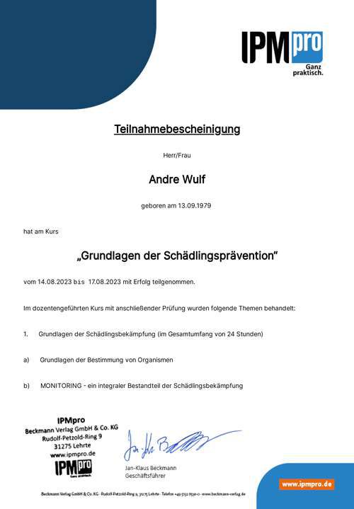 Zertifikat Schädlingsprävention