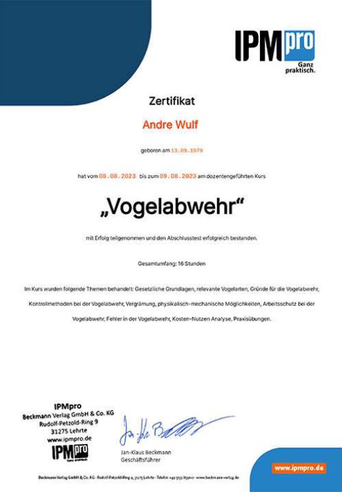 Vogel und Taubenabwehr Zertifikat