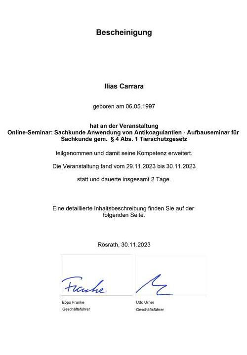 Zertifikat Anwendung von Antikoagulantien